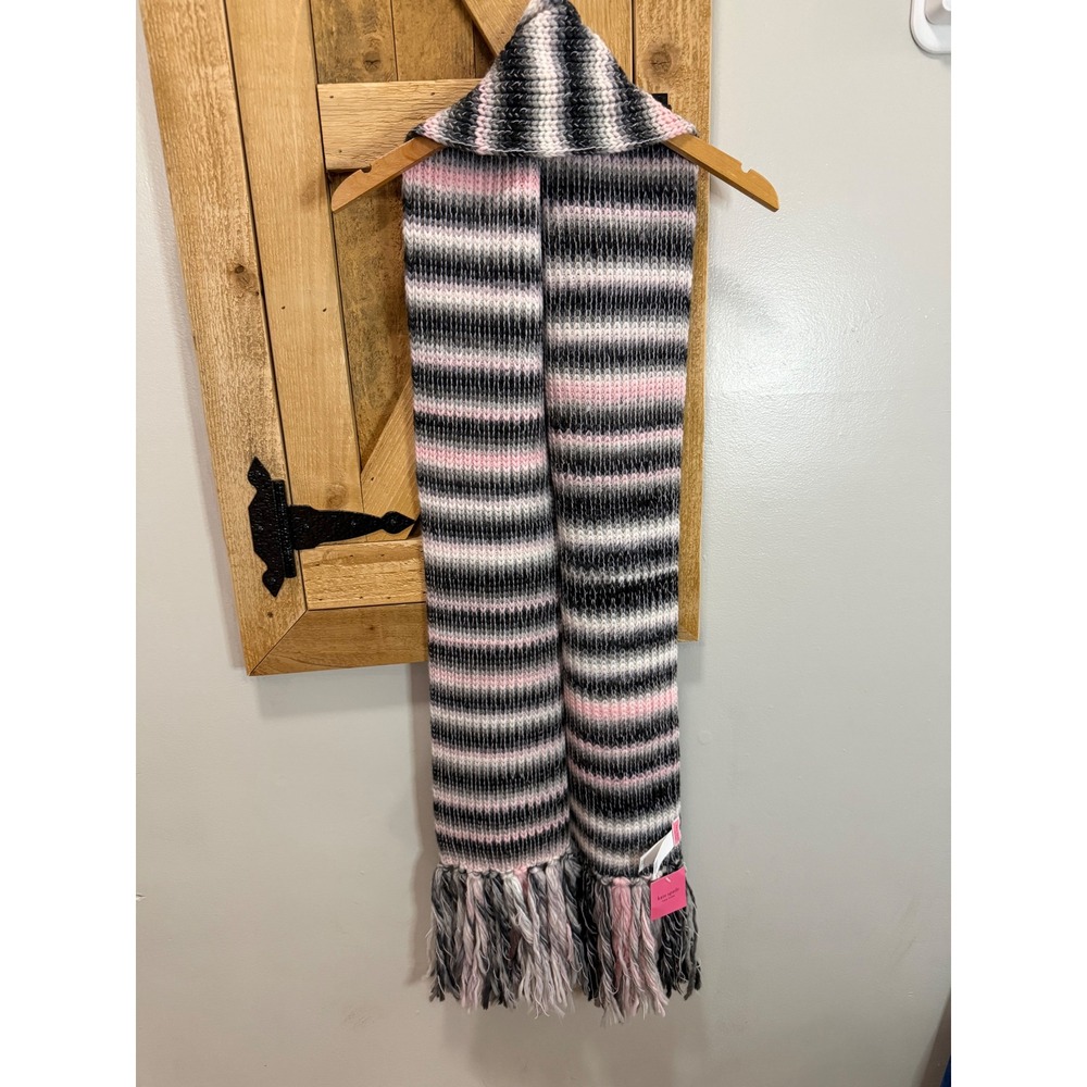 Kate Spade New York Marled Stripe Scarf Pink Black Grey Wool Blend Fringe
